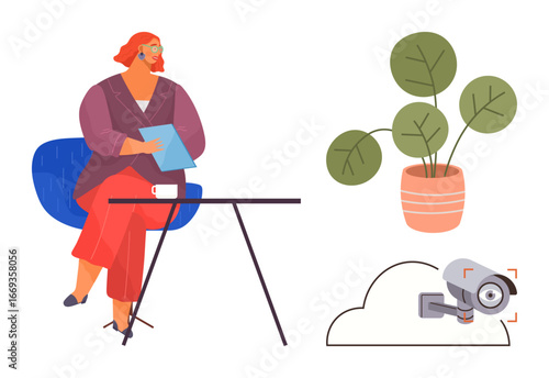 Woman on chair reading paper near table with coffee, potted plant, and cloud security camera. Ideal for technology, security, work, office, home decor privacy remote monitoring. Simple flat