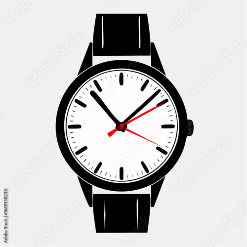A detailed illustration of a black wristwatch with a white face and black hands.