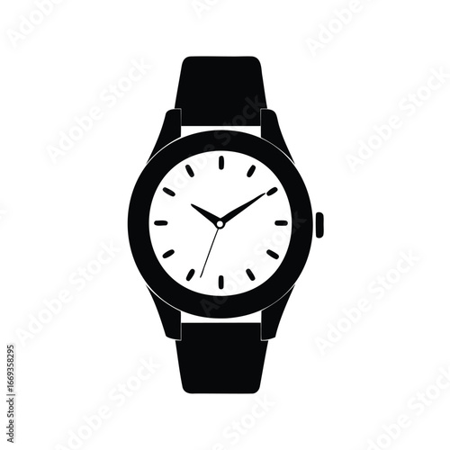 Simple black and white illustration of a wristwatch with leather band and face, Watch silhouette vector illustration