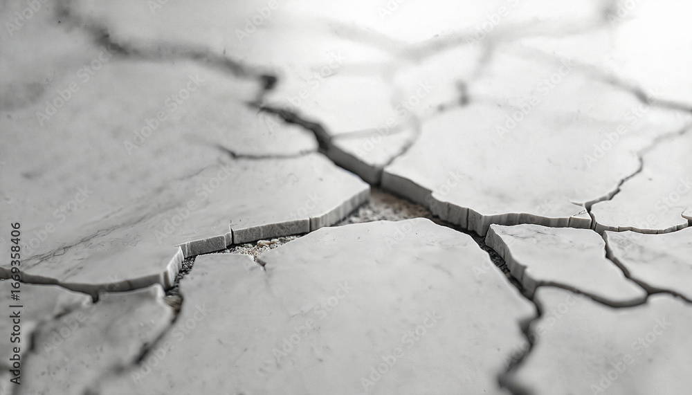 Obraz premium Close-up of broken light marble countertop showing cracks, fissures. Light grey stone surface features natural veins, rough, uneven texture with chipped, splintered edges. Abstract, detailed,