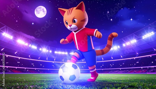A 3D cartoon cat soccer player wearing a colorful jersey, kicking a glowing soccer