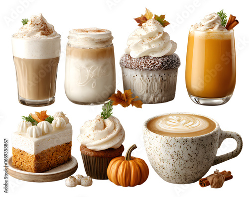 Fototapeta Naklejka Na Ścianę i Meble -  Set of pumpkin spice seasonal flavored products, cofee, latte, cake, soup, smothie. Autumn food and drins isolated on white backgrund. Collection of tasty seet desserts.