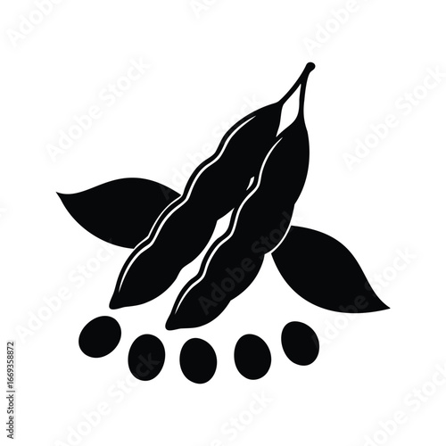Black Silhouette of Soybeans in Pods with Leaves and Beans Isolated, Soybeans with seeds silhouette vector illustration