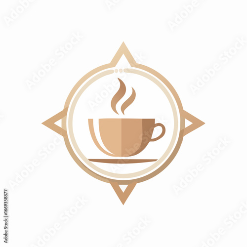 A stylized illustration of a steaming coffee cup within a compass rose emblem, symbolizing coffee exploration.
