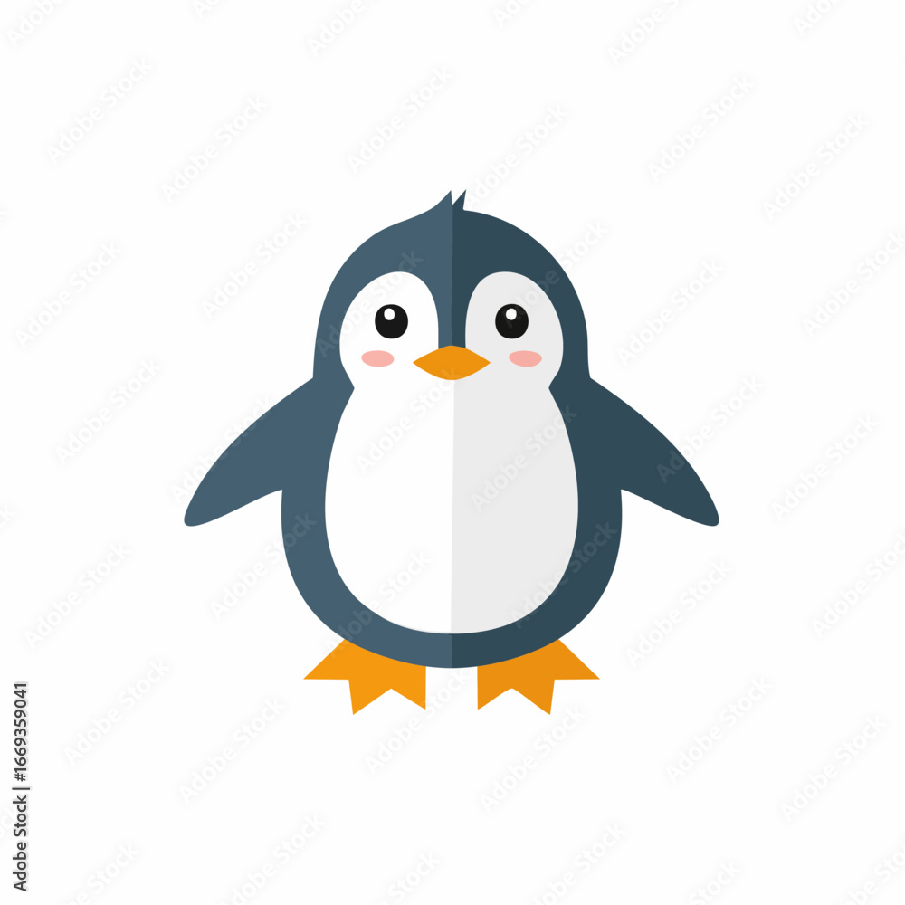 Naklejka premium A cartoon penguin with a white belly, orange feet and beak, and blue wings and head.