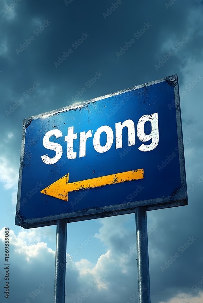 Obraz premium A weathered blue road sign points left, displaying the word Strong in bold white lettering, vertical composition. The contrasting yellow arrow and dramatic sky create a powerful visual statement.