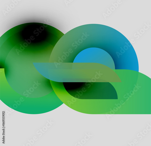 Abstract composition featuring overlapping circles, gradients. Shades range from green to blue, creating fluid visual effect. Minimalist design.