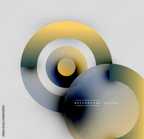 Abstract circles overlap, creating dynamic visual effect. Yellow, blue, green hues blend smoothly. Minimalist design, modern aesthetic.