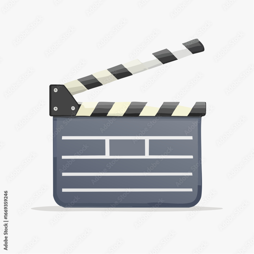 Fototapeta premium Illustration of a film slate clapperboard with black and white stripes on a white background.
