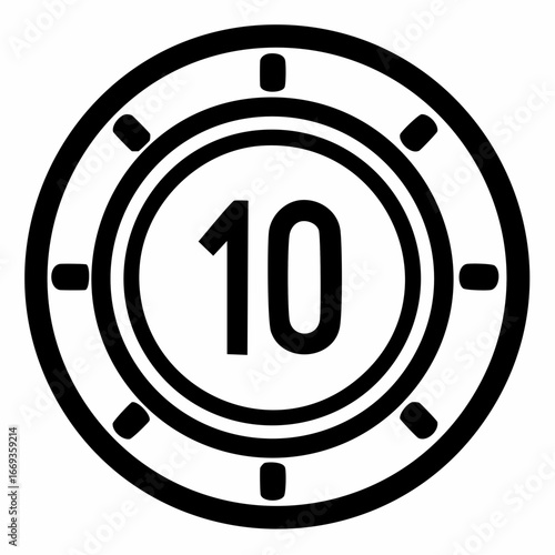 A black and white illustration of a casino chip with the number 10 prominently displayed in the center.