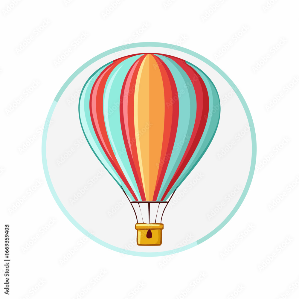 Fototapeta premium Illustration of a colorful hot air balloon with stripes inside a light blue circle.