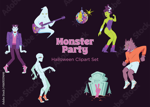 Halloween party clipart set with dancing monsters, ghost with guitar, frankenstein bride, vampire, mummy, werewolf and disco ball. Fun cartoon vector illustrations, perfect for Halloween designs.