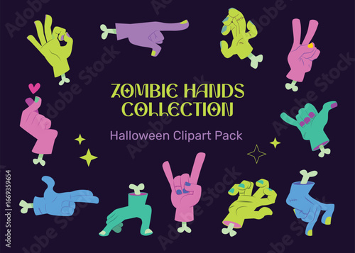 Cartoon Halloween zombie hands clipart collection. Colourful, fun, and spooky illustrations of monster hands with different gestures. Perfect for invitations, posters, crafts, festive designs.