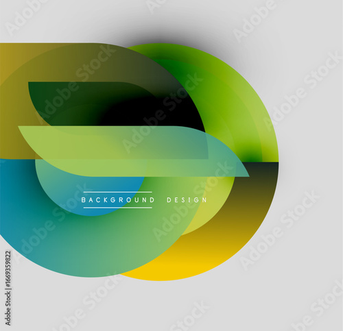 Abstract colorful shapes overlap, creating dynamic visual effect. Gradient hues blend smoothly, forming modern design element.
