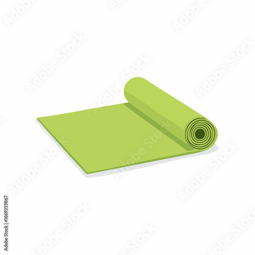 A bright green yoga mat is partially unrolled on a white background, showcasing its texture and rolled edge.