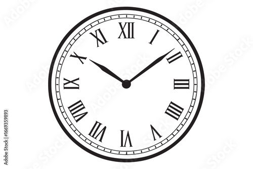 Antique clock face with roman numerals isolated on white background