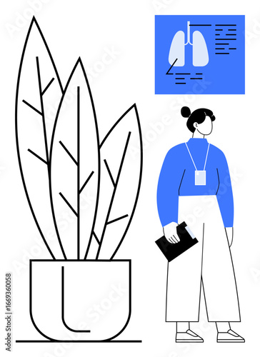 Woman holding clipboard stands near large plant pot and medical chart featuring lungs. Ideal for healthcare, wellness, professional roles, education, environmental awareness, office environments