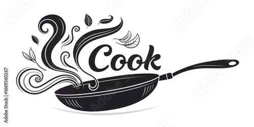 Stylized black cooking pan logo with swirling aromatic steam leaves and the word Cook.