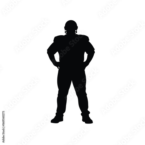 Silhouette of a football player standing with hands on hips against white, football coach illustration silhouette