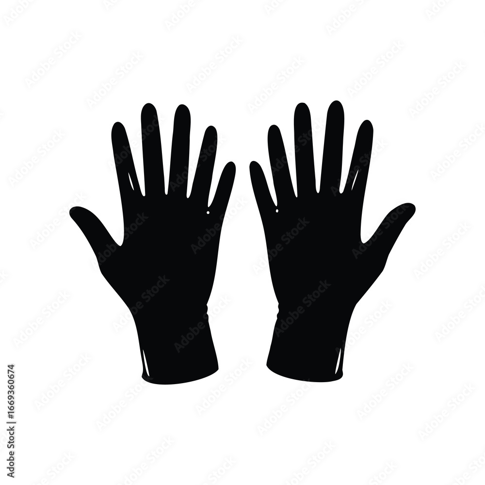 Fototapeta premium Silhouette image depicting two protective latex medical gloves on a white background, garden gloves illustration silhouette