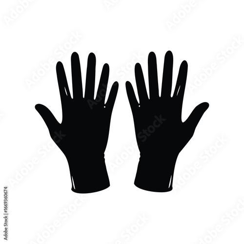 Silhouette image depicting two protective latex medical gloves on a white background, garden gloves illustration silhouette