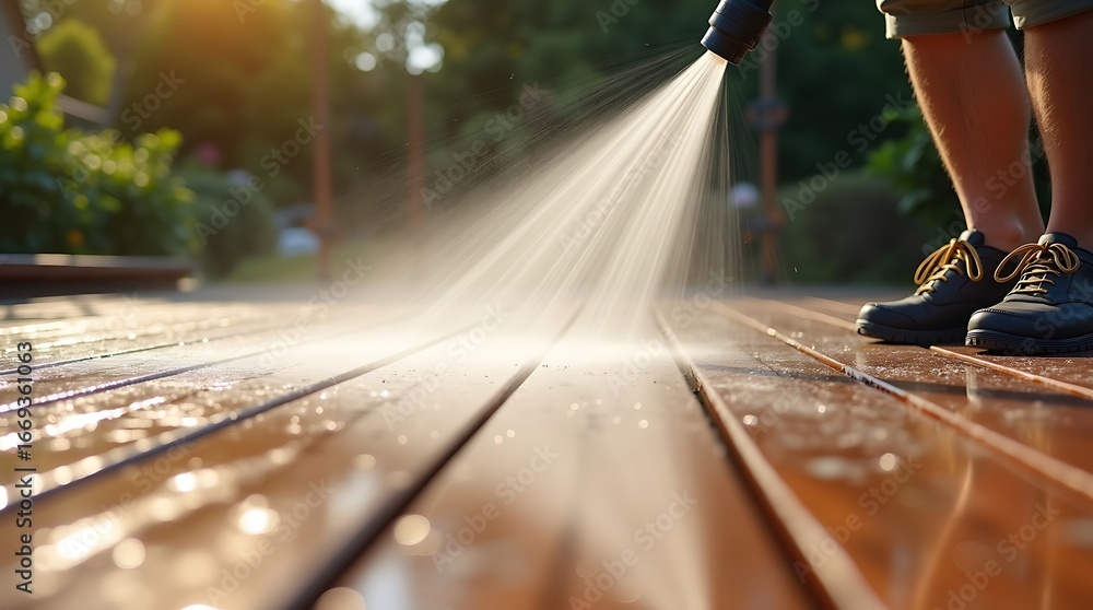 Fototapeta premium Close up of a person pressure washing a wooden deck outdoors on a sunny day with water spraying and creating a mist