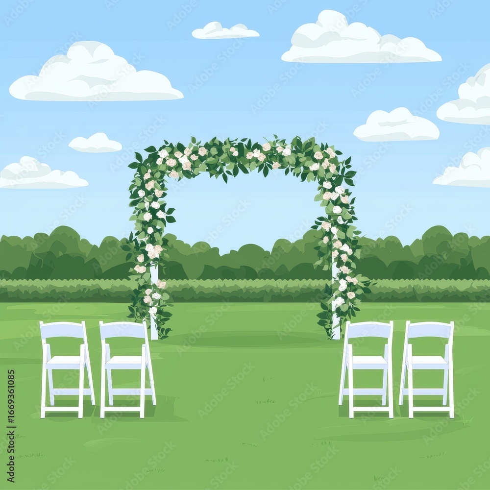 Fototapeta premium Whimsical outdoor wedding ceremony arch with white flowers and wooden chairs on lush green lawn