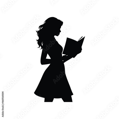 Silhouette of a young woman absorbed in reading a book intently, girl holding fashion magazine illustration silhouette