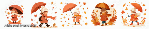 vector of a little girl walking with an umbrella in autumn