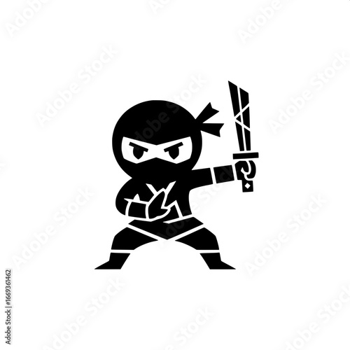 Black silhouette icon of a cartoon ninja warrior holding a sword. A cute chibi Japanese assassin in a fighting stance, vector illustration