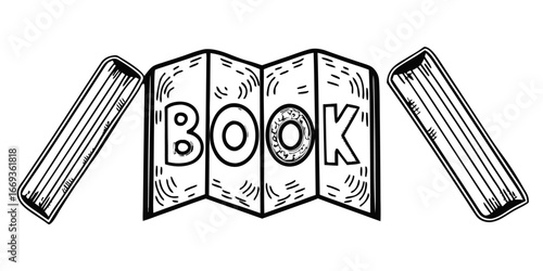 Sketchy black and white book illustration with bold lettering and two closed volumes.