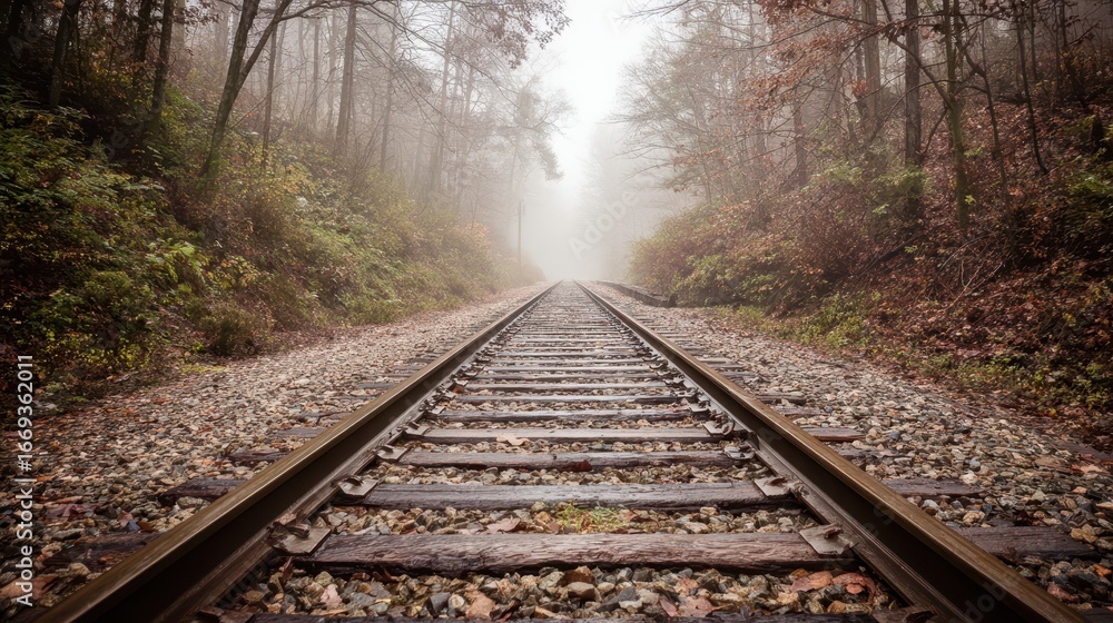 Fototapeta premium Foggy autumnal railway track winds through a tranquil woodland.