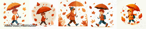 vector of a little boy walking with an umbrella in autumn