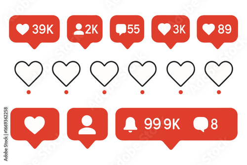 Social media notification icons with counts for likes, comments, and followers