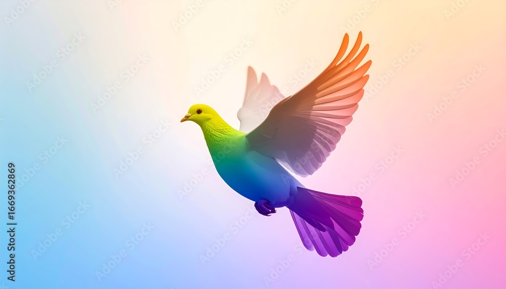 Fototapeta premium International Day of Peace September 15 Vibrant rainbow bird in flight on pastel gradient background