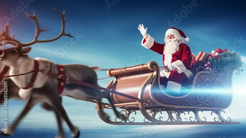 Traditional Santa Claus riding sleigh in the night sky bringing festive Christmas joy