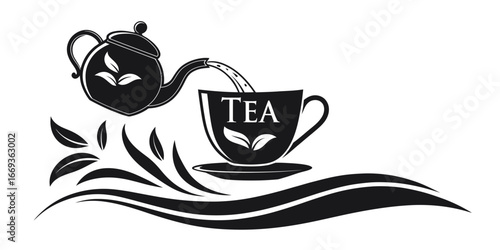 Elegant black and white vector illustration of a teapot pouring tea into a cup with leaf motifs.