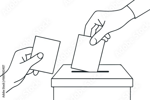 Illustration of hands casting ballots into a ballot box during an election