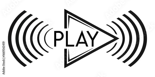 Modern black play button icon with a double-outlined triangle and radiating sound waves.