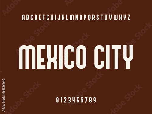 Mexico City Typography Design with White Uppercase Letters, Alphabet, and Numbers 0-9 on Solid Dark Brown Background, Modern Educational Text Graphic.