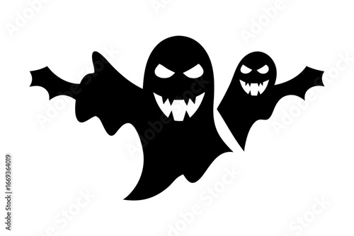 Spooky Halloween Ghosts with Bat Wings Black Silhouette Duo