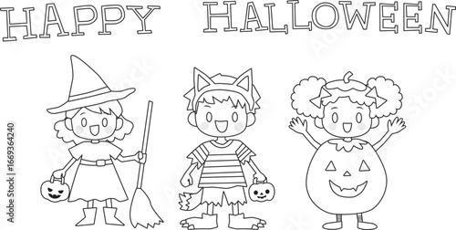 Line drawing of cute kids with Halloween costumes and Happy Halloween text.  Vector Illustration.