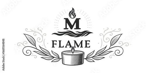 Vintage hand-drawn candle logo with M monogram flame icon and ornate floral design.