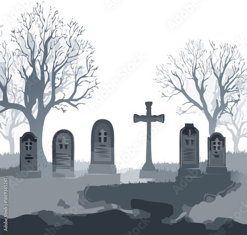 Spooky graveyard scene with tombstones and fog
