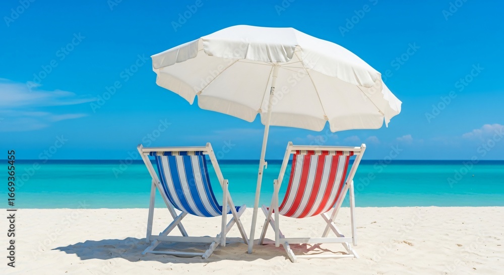 Idyllic Beach Scene Two Striped Lounge Chairs Under a White Beach Umbrella on a Pristine Sandy Beach Idyllic Beach Scene Two Striped Lounge Chairs Under a White Beach Umbrella on a Pristine Sandy Beach