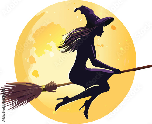 Witch flying on broomstick across glowing moon