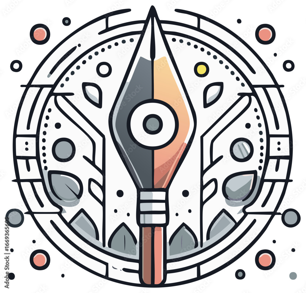 Fototapeta premium Stylized Spearhead and Circular Emblem with Organic and Geometric Elements