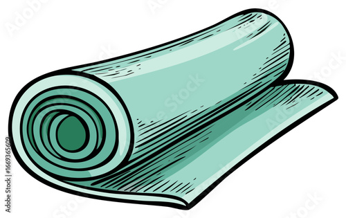 Hand drawn illustration of a rolled yoga mat for fitness and exercise