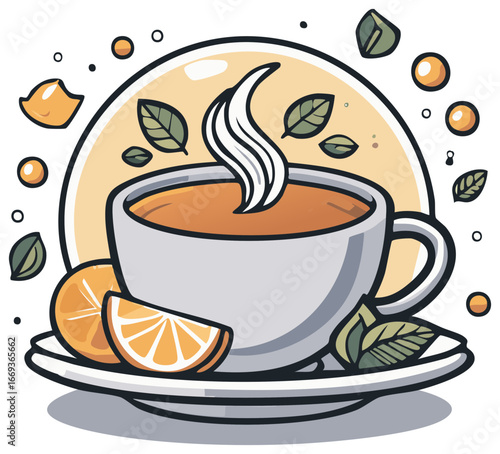 Steaming tea cup with orange slice and mint leaves, cartoon illustration.