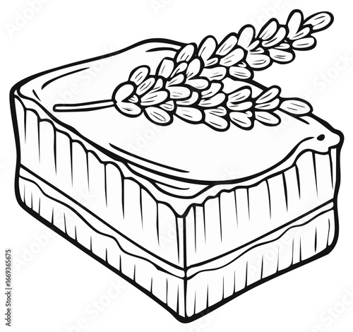 Handmade lavender soap bar with botanical sprig black and white line art illustration